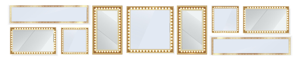 PNG makeup mirror light used for dressing under bright bulb, rectangle with glasses, poster and booklet, web illuminated frame and transparent vector illustration in background colours abstract dark 