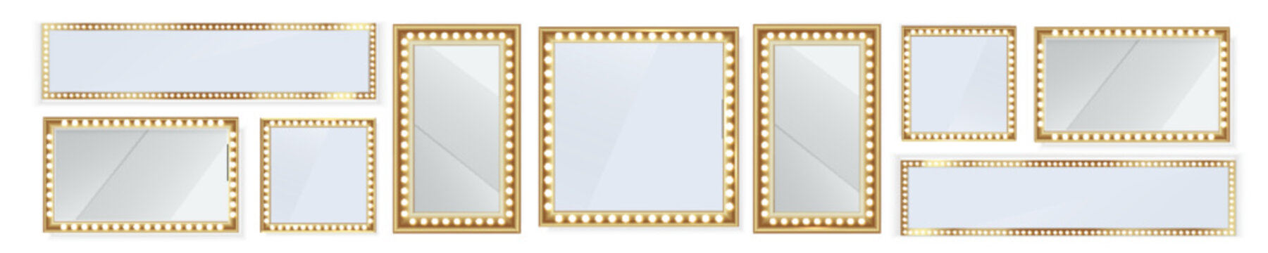 PNG makeup mirror light used for dressing under bright bulb, rectangle with glasses, poster and booklet, web illuminated frame and transparent vector illustration in background colours abstract dark 