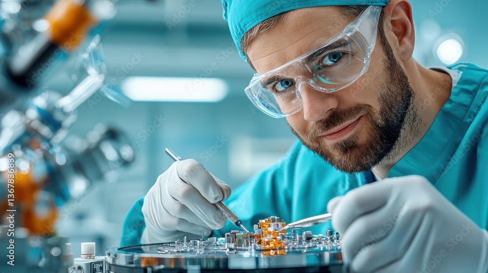 Poster closeup of a focused engineer examining and analyzing an electronic circuit board using specialized 