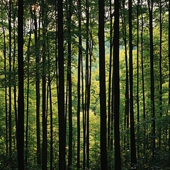 Naklejka premium Sunlight Filtering Through a Dense Forest Canopy. A breathtaking image showcasing the natural beauty of a lush woodland.