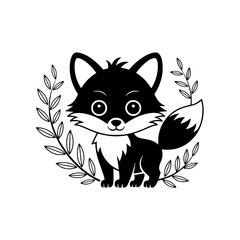 Cartoon Fox with Laurel Wreath Illustration, Black and White Design