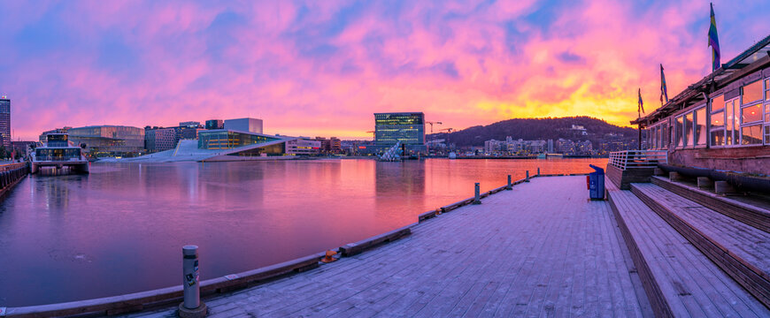 View of Munch Museum during winter at sunrise from Havnepromenade, Oslo, Norway