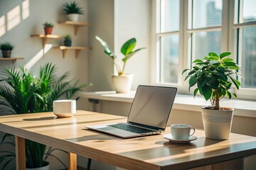 Fototapeta premium Minimalist Home Office Setup: Laptop, Plant, and Clean Desk