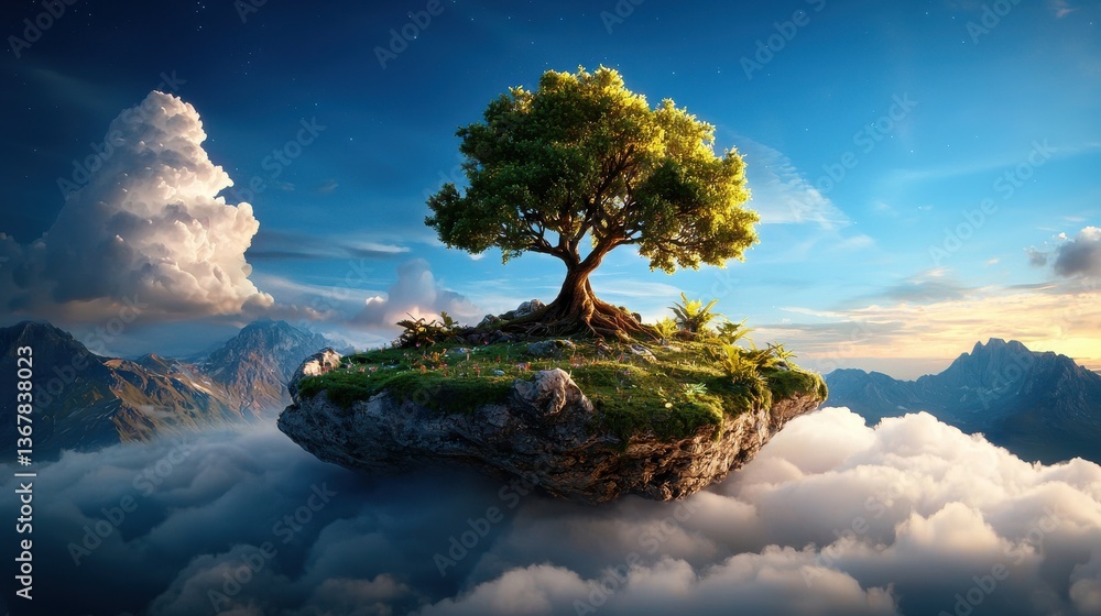 Poster mystical and serene floating island with a lone tree surrounded by wispy clouds and towering mountai