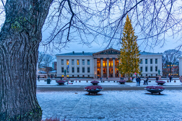 View of Domus Media in University Square during winter, Oslo, Norway