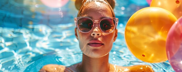 Gorgeous young lady in sunglasses having a blast in the pool on a sunny summer day with inflatable balloons