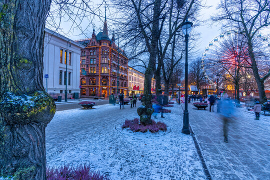View of Christmas market during winter at dusk, Stortingsparken, Oslo, Norway
