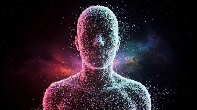 Human Bust Emerging From Colorful Particles on Space Background