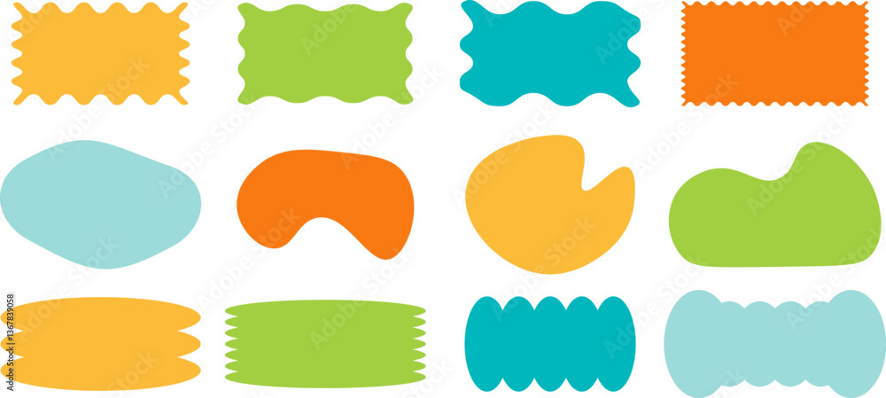 Poster smooth and abstract label shapes in bright colors. rounded organic blobs perfect for modern badges, 