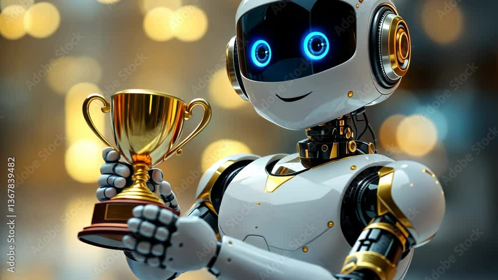 Aufkleber cheerful robot holding trophy in futuristic setting with bokeh lights