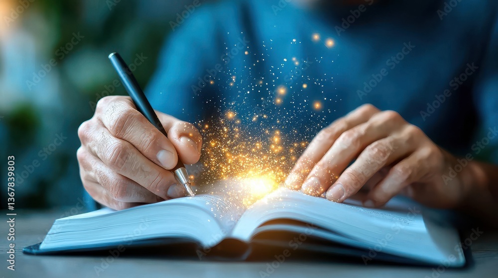 Poster hands of a person holding a glowing pen over an open notebook with magical sparks and light effects 