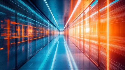Futuristic server room corridor with vibrant blue and orange neon lights reflecting on glossy floor.
