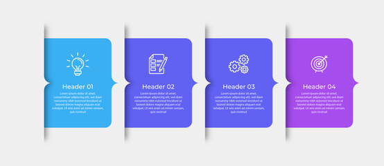 Four colorful speech bubbles with icons for idea checklist gears and target.