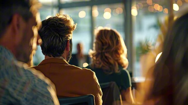 Audience sitting in cozy modern venue, conference rom or coworking space watching speaker in soft evening light. Concept of corporate meeting, office refusal, education, social engagement