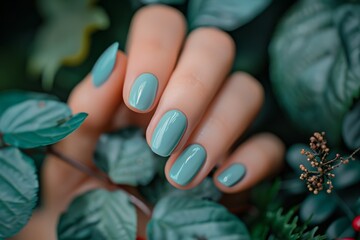Beautifully manicured hand with mint green nails surrounded by lush greenery in a natural setting
