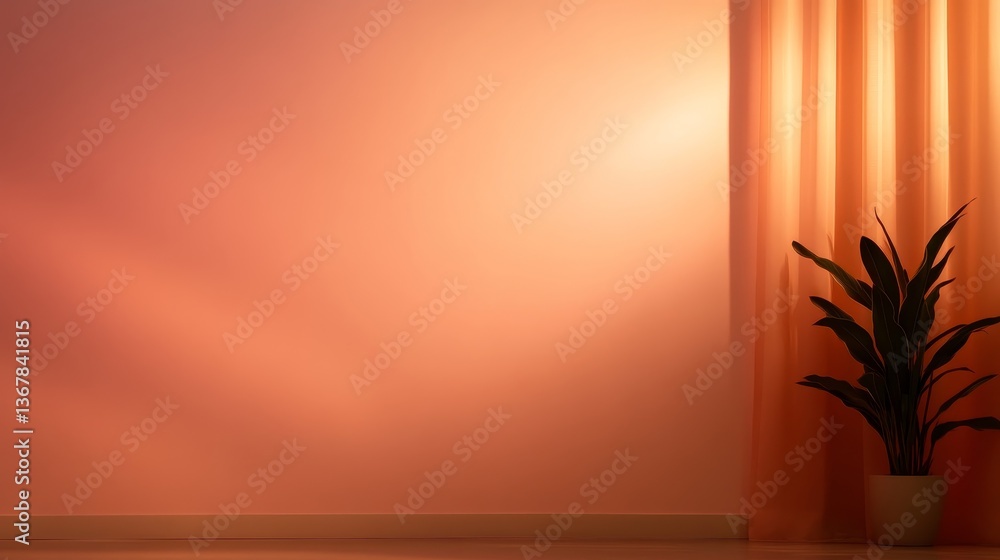 Poster sunlight streams through a sheer curtain, creating soft patterns on a pale pink wall, while a potted