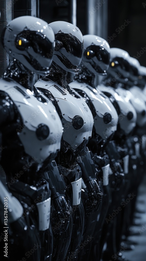 Aufkleber robotic figures arranged in a futuristic industrial setting showcasing advanced technology and desig