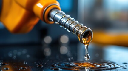 Closeup view of an amber colored liquid substance dripping and splashing in dynamic motion creating a visually striking and reflective pattern on a dark background