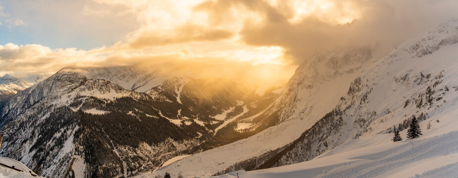 View of snow covered Aosta Valley and mountains from Pavillon du Mont Frety in winter, Courmayeur, Aosta Valley, Italian Alps