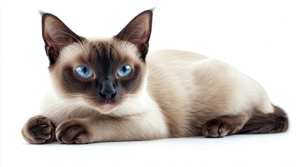 Elegant Siamese cat with striking blue eyes lying on a white surface.