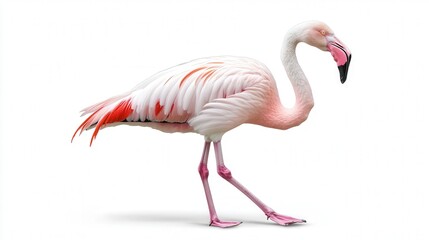 Obraz premium A graceful flamingo with vibrant pink and white feathers stands elegantly on one leg.