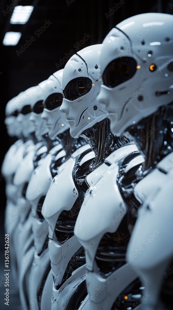 Aufkleber robotic figures lined up in a futuristic workshop showcasing advanced technology and design