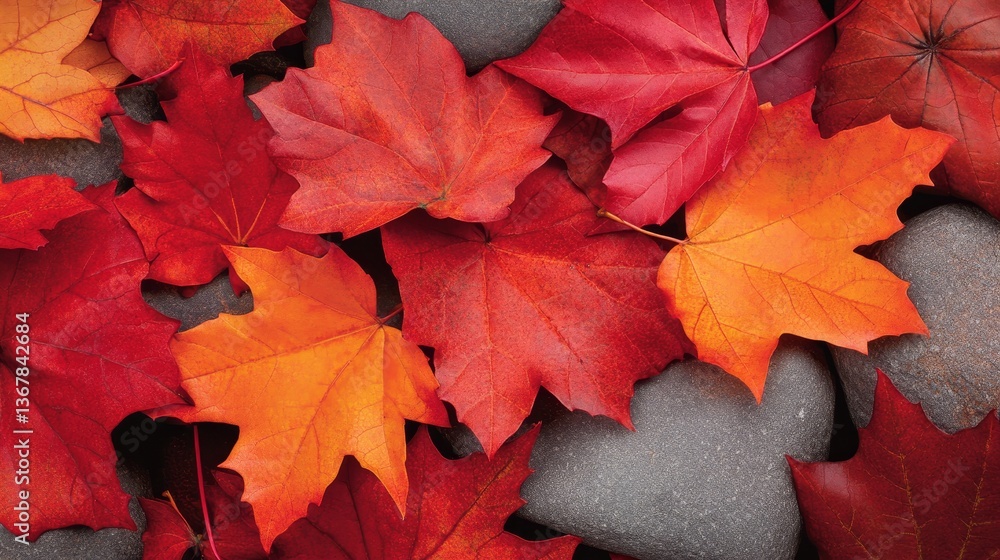 Poster A cluster of maple leaves in vivid red and orange rests on a cobblestone path, showcasing autumn's rich colors against the cool gray stones
