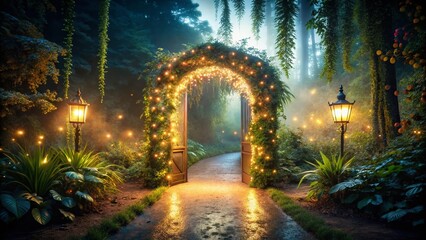 Minimalist New Year's Eve: Enchanted Entrance Illuminated Sign, Lush Night Scene