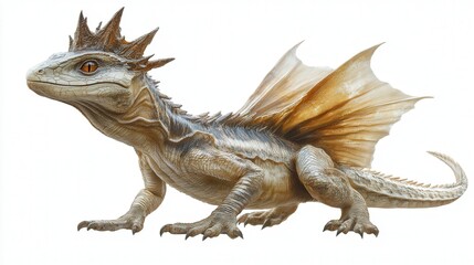 Majestic fantasy dragon-like creature with spiky crest and large wings on display.