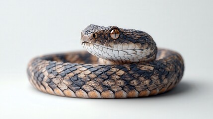 Obraz premium Coiled snake with detailed scales and striking eyes against a pale background.