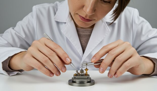 Caucasian female technician repairs watch mechanisms using precision tools in a modern workshop focused on craftsmanship.