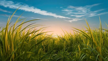 Obraz premium Abstract macro photography of a green grass field with a soft sunset sky, blending warm colors and organic textures for a serene and inviting nature background.