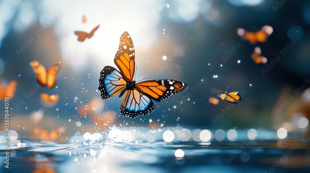 Poster enchanting image of a vibrant iridescent butterfly gracefully floating and gliding on the shimmering