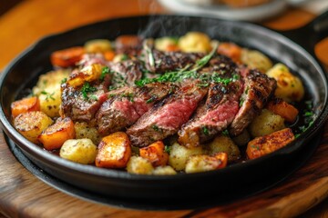 A sizzling plate of bubble and squeak with venison steak