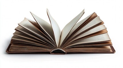Open book with fanned pages set against a white background, capturing a sense of knowledge and storytelling.