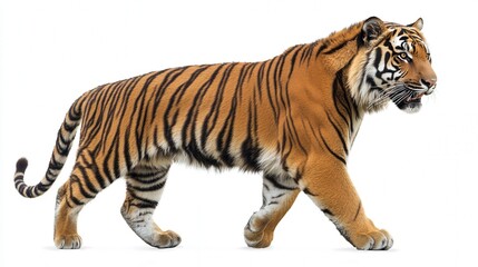 Fototapeta premium Majestic tiger walking gracefully against a bright white background.