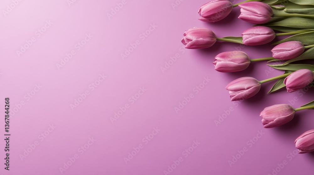 Poster Soft pink tulips elegantly arranged on a muted lavender surface create a serene flat lay. Shadows enhance the delicate details of these seasonal flowers