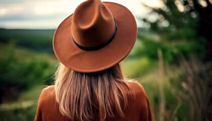 Back view of a girl in a beautiful hat. A walk in the woods. Travel. 