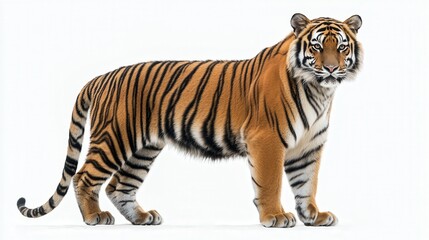 Obraz premium Majestic Bengal tiger stands proudly against a clean, white background.