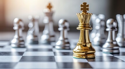 Chess game in progress with a golden king piece in focus against a backdrop of silver pawns