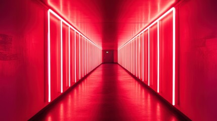 Red neon lights illuminate a long corridor, creating a vibrant and futuristic atmosphere.