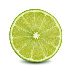 A close-up photograph of a half lime, presenting its fresh, vibrant green color and juicy texture on a white background.

