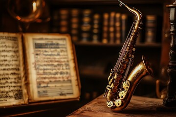 Fototapeta premium Alto Saxophone Resting on Wooden Table with Sheet Music and Books in the Background. A Dramatic Image Perfect for Music-Related Projects.