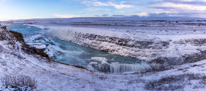 View of Gullfoss Waterfall on the Hvita River in winter, Western Region