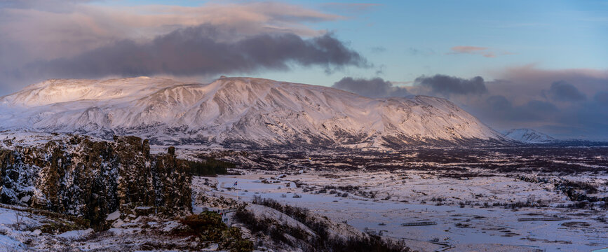 Continental drift between North American and Eurasian tectonic plates, Thingvellir National Park, UNESCO, in winter, Western Region