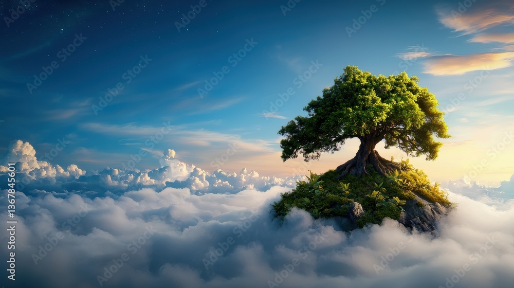 Poster majestic lone tree standing tall and resilient floating above a sea of wispy ethereal clouds in a br