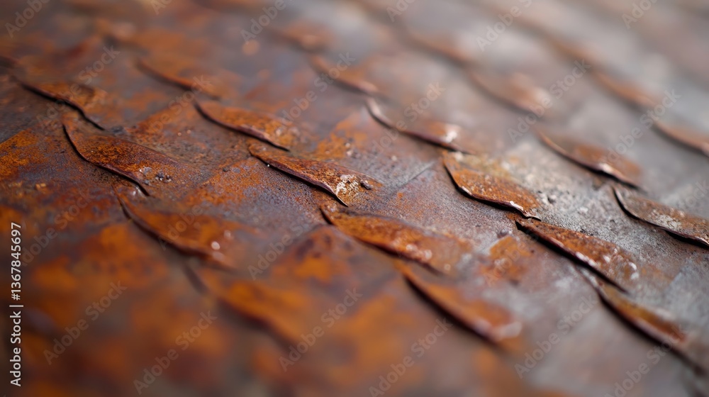 Aufkleber Close-up view reveals a rusted chain link's intricate textures and age marks, paired with a blurred gray backdrop for potential text overlay and design use