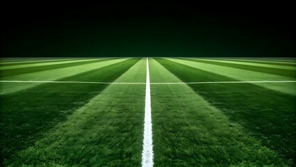Obraz premium Lush green soccer football cricket rugby baseball field with precise white centerlines, illuminated by subtle lighting, offering a clean and dramatic view of the sport's arena