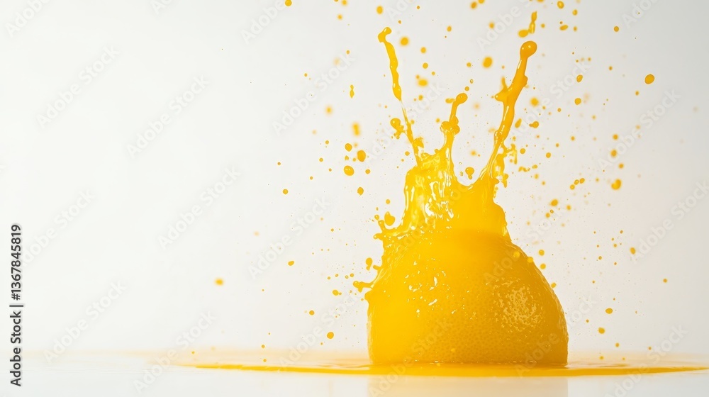 Poster a ripe, glossy lemon slices through vibrant yellow liquid, sending droplets scattering in all direct