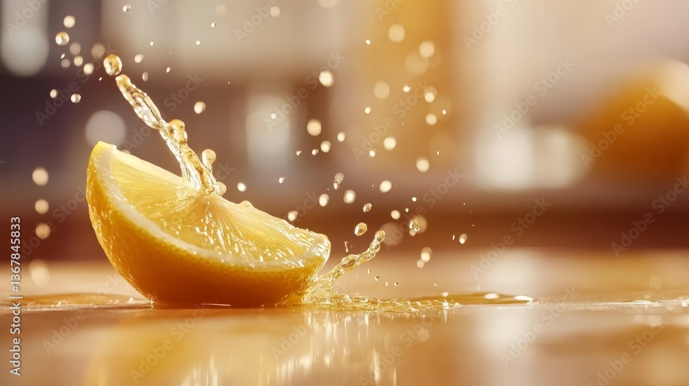 Poster Single droplet of citrus juice is frozen in motion as it detaches from a lemon slice, creating tiny splashes on a softly blurred kitchen surface